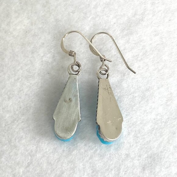 Sterling Silver 925 Dainty Southwest Style Carved Blue Leaf Dangle Earrings - Picture 8 of 16